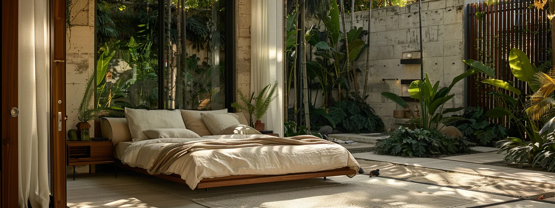 a luxurious outdoor space with high-quality linens and smart home features.