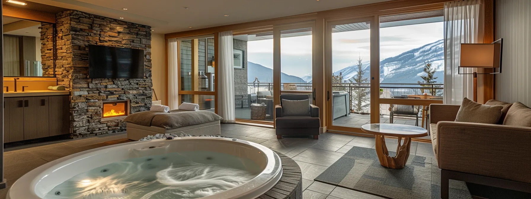 a luxurious suite overlooking a pristine mountain view with a private hot tub and gourmet dining options.