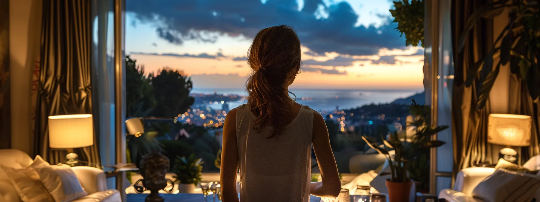 a guest admiring a beautifully decorated luxury airbnb rental with a stunning view from the window.