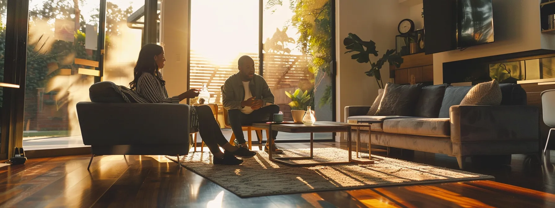 a bright, modern living room with a professional-looking individual discussing rental property details with a homeowner.