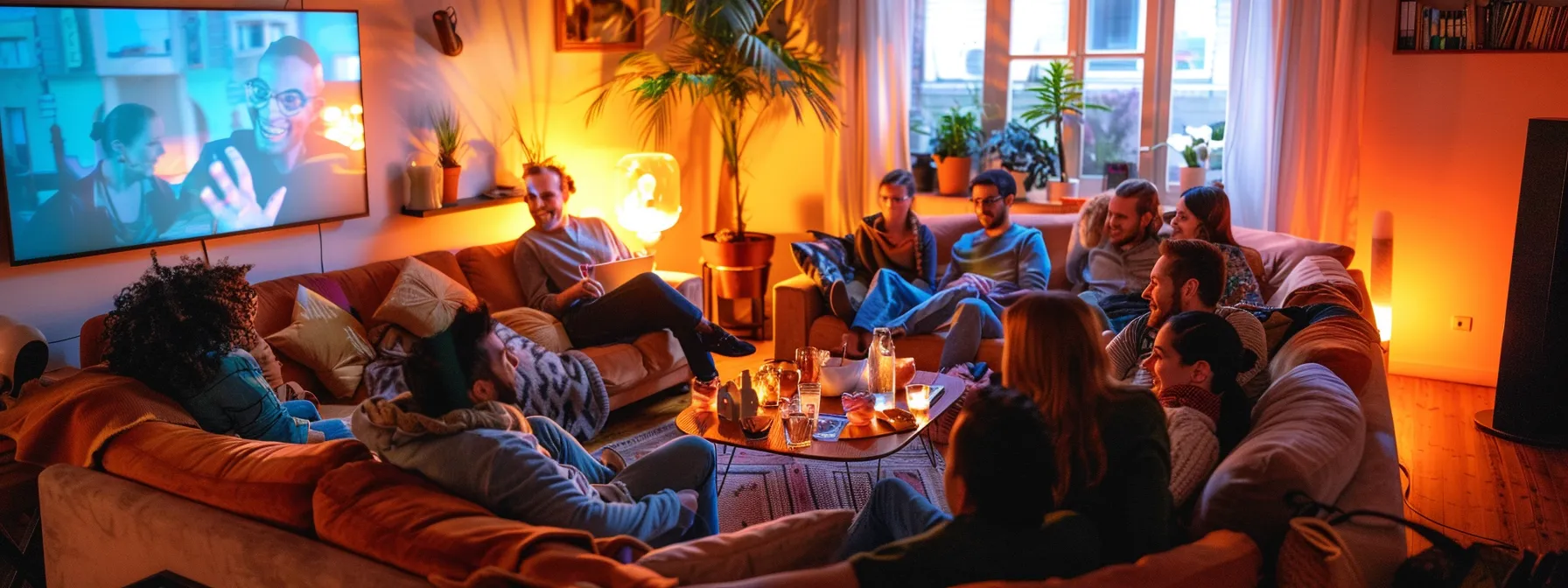 a vibrant living room filled with happy guests, enjoying the cozy space and contributing to a successful airbnb co-hosting venture.