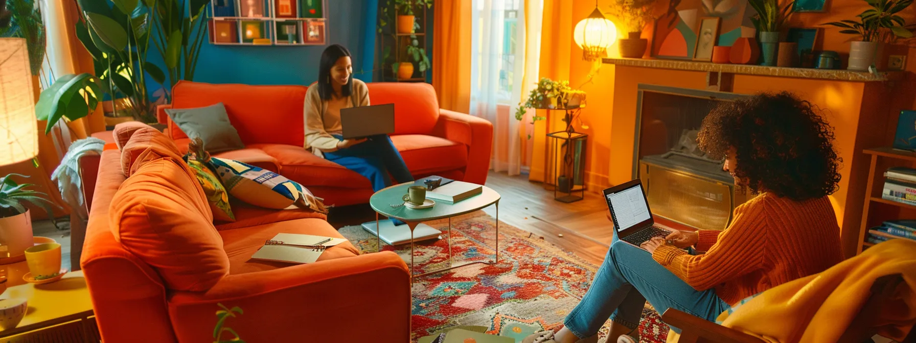 a woman and her co-host strategizing marketing efforts in a cozy airbnb living room, surrounded by laptops, notebooks, and colorful promotional materials.