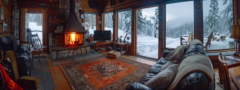 a cozy cabin nestled in the snowy mountains with a warm fire flickering in the fireplace, perfect for a truckee short term rental or corporate retreat.