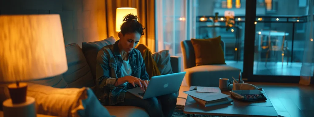 a focused individual comparing rental options on a laptop, surrounded by notes and contracts, planning a seamless corporate retreat experience.