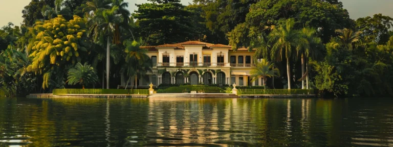 a luxurious lakeside mansion surrounded by lush greenery, ideal for a corporate retreat rental.