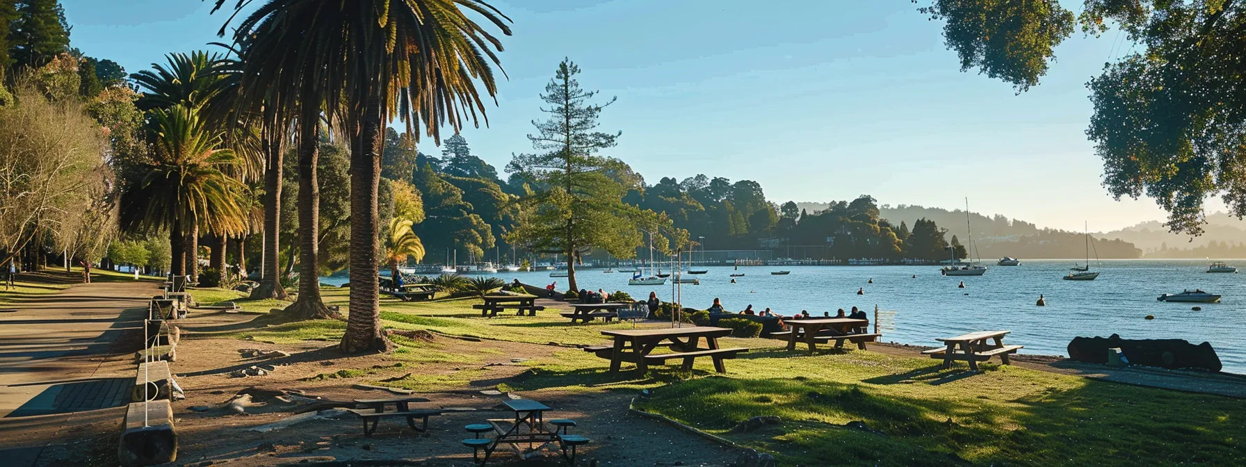 a serene lakeside park with lush greenery, picnic tables, and families enjoying outdoor activities under the clear blue sky in san rafael.