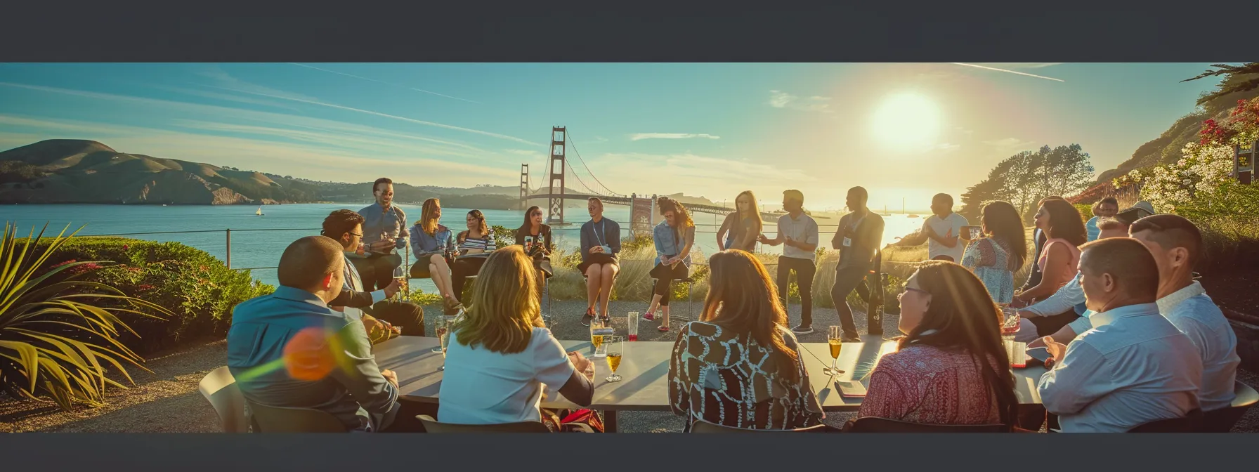 a team building exercise on a sunny waterfront terrace overlooking the golden gate bridge at a top corporate retreat venue in san rafael.