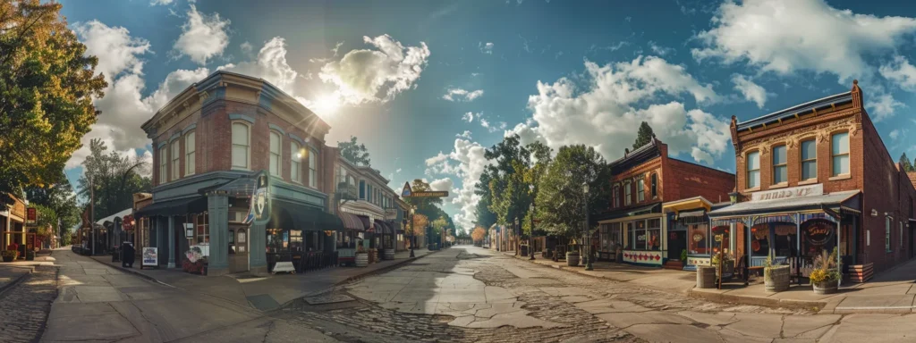 step back in time as you wander through auburn's historic old town, lined with quaint shops and historic buildings, under a sunny sky with a hint of nostalgia in the air.