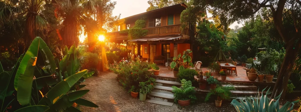 a stunning california airbnb surrounded by lush greenery under the golden sunset glow, showcasing unique amenities and inviting descriptions to attract more guests.