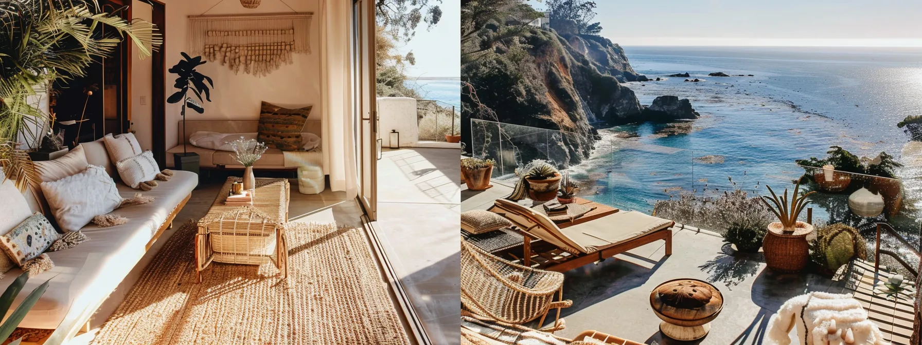 a stunning seaside airbnb in california with a sun-soaked patio overlooking the ocean, adorned with tasteful decor and inviting amenities.