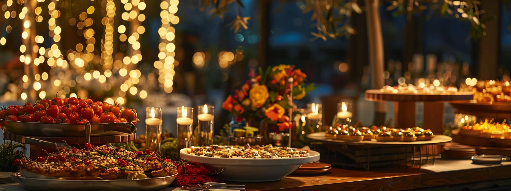 a beautifully arranged corporate event table in a stylish woodside venue, adorned with elegant catering dishes and vibrant centerpieces, illuminated by soft, ambient lighting that creates an inviting atmosphere for guests.