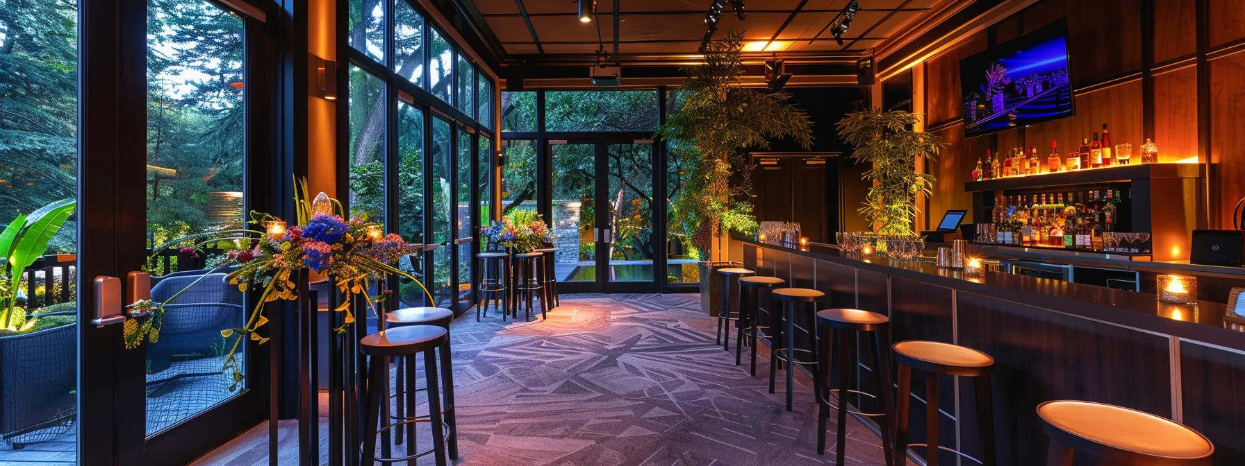 a sophisticated corporate event unfolds in an elegant woodside venue, featuring stylish seating arrangements and ambient lighting, creating an inviting atmosphere for networking and collaboration.