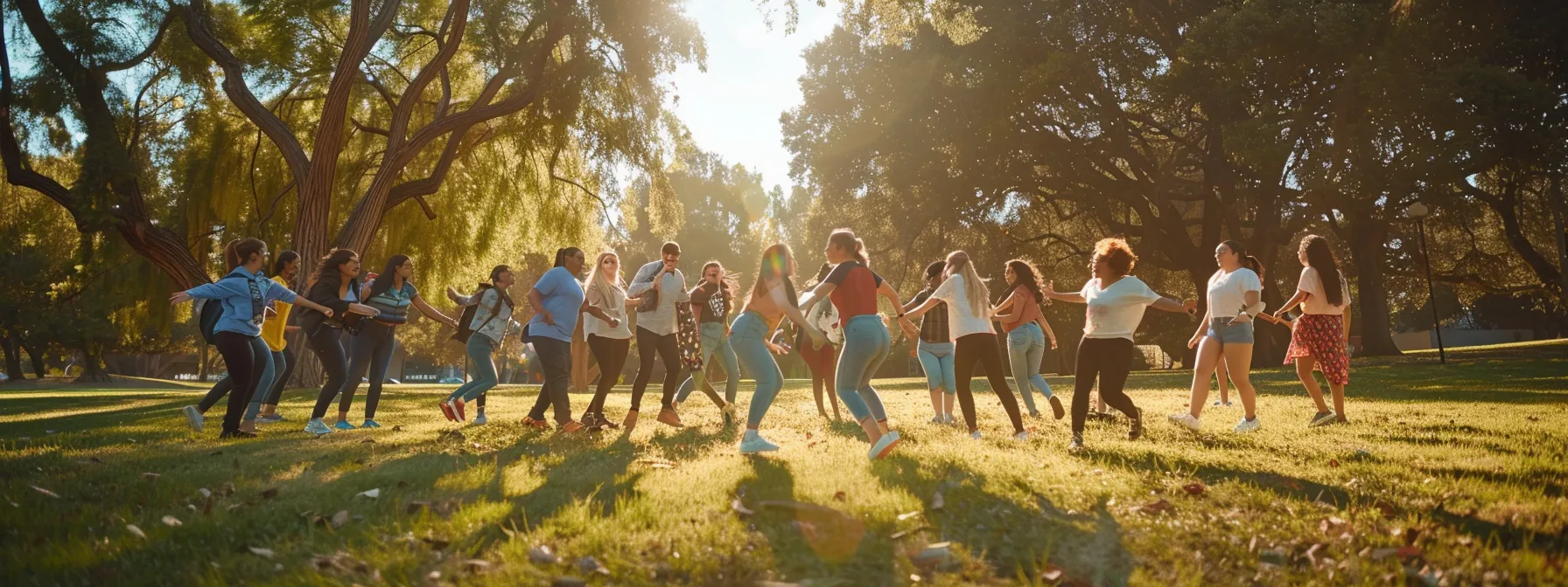 a vibrant and dynamic group of diverse professionals joyfully engaging in a collaborative outdoor team-building exercise, set against a sunlit park backdrop that symbolizes overcoming challenges and fostering inclusivity.