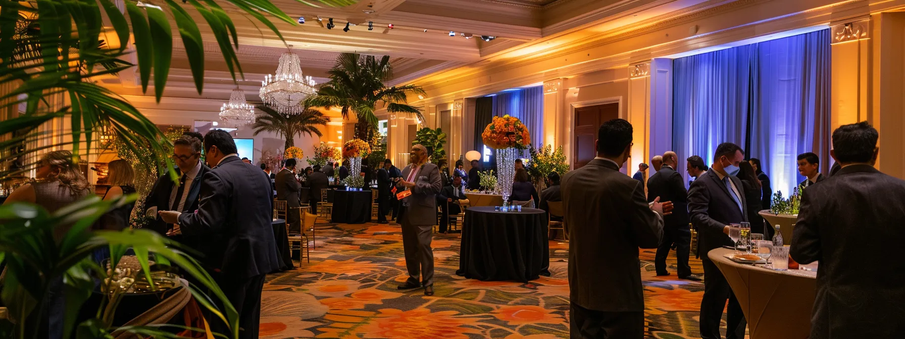 a vibrant corporate event in woodside, ca, showcases elegant decor, engaged attendees networking amidst ambient lighting, symbolizing the seamless coordination and professionalism of expert event planning.