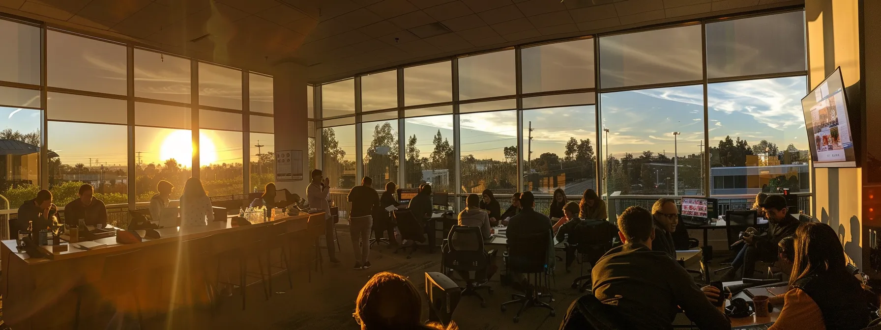 a vibrant office environment in woodside, ca, bustling with engaged employees participating in lively trivia challenges and dynamic icebreakers, illuminated by natural light filtering through large windows, capturing the essence of teamwork and camaraderie.