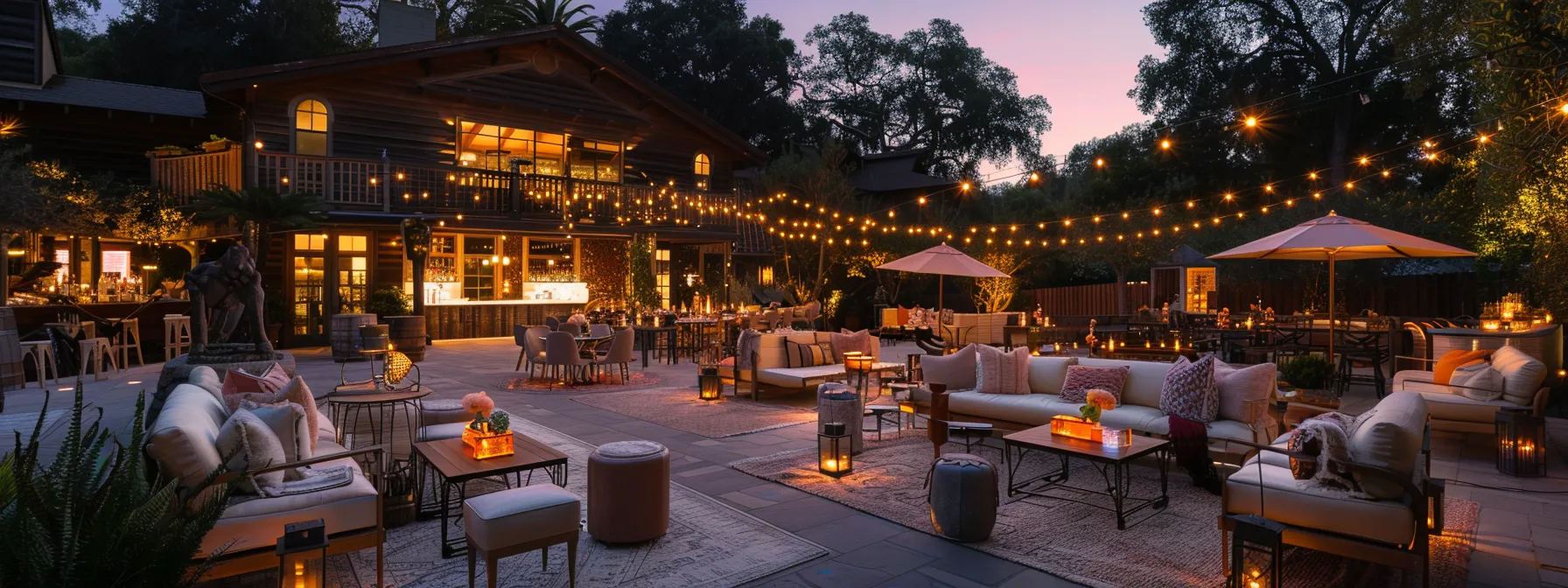 a vibrant outdoor corporate event in woodside, ca, featuring elegantly arranged seating and a lively atmosphere, illuminated by soft, golden sunset light, capturing the essence of successful networking and engagement.