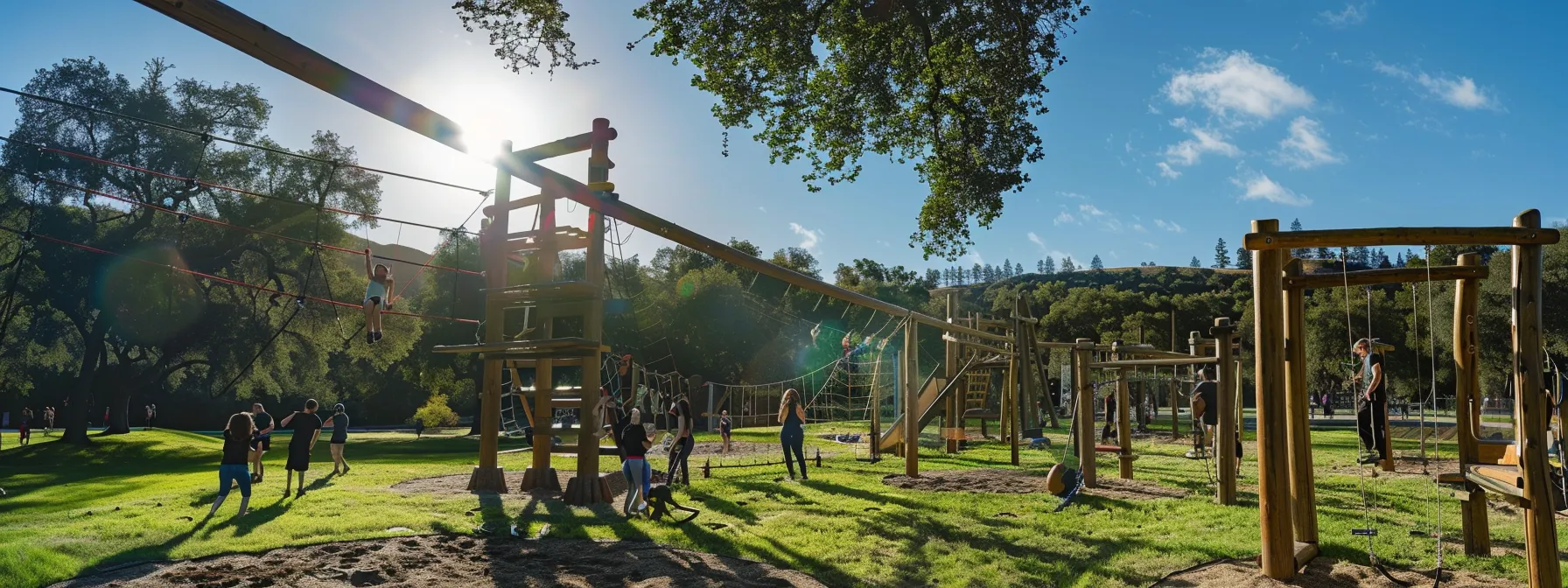 a vibrant outdoor team-building event unfolds in woodside, ca, featuring an exhilarating obstacle course surrounded by lush greenery and dynamic groups engaging in spirited activities, all under a brilliant blue sky.