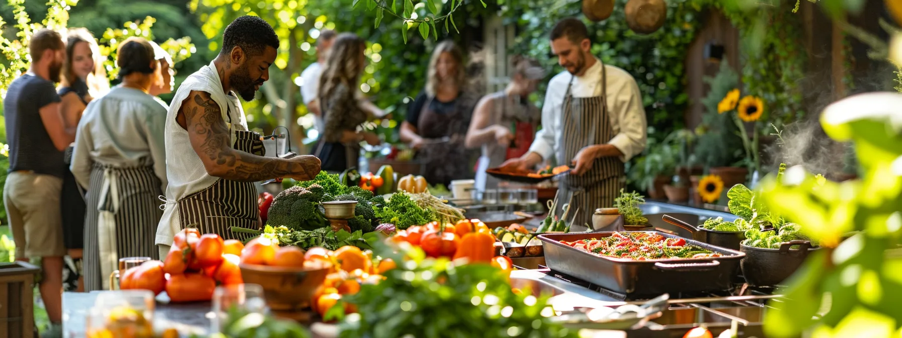 a vibrant outdoor team building event in woodside, ca, featuring diverse activities such as people engaging in a dynamic cooking class, amidst lush greenery that fosters collaboration and creativity.