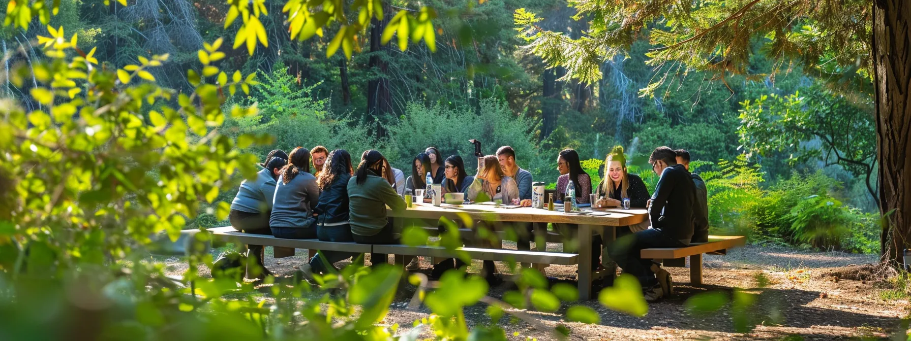 a vibrant scene of a diverse group of employees engaged in dynamic outdoor team-building activities amidst the lush greenery of woodside, ca, capturing the essence of collaboration and productivity.