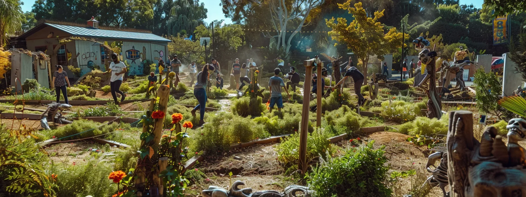 a vibrant team building event unfolds in woodside, ca, showcasing employees enthusiastically engaged in a lively zombie-themed obstacle course under a radiant sun, surrounded by lush greenery and festive decorations.