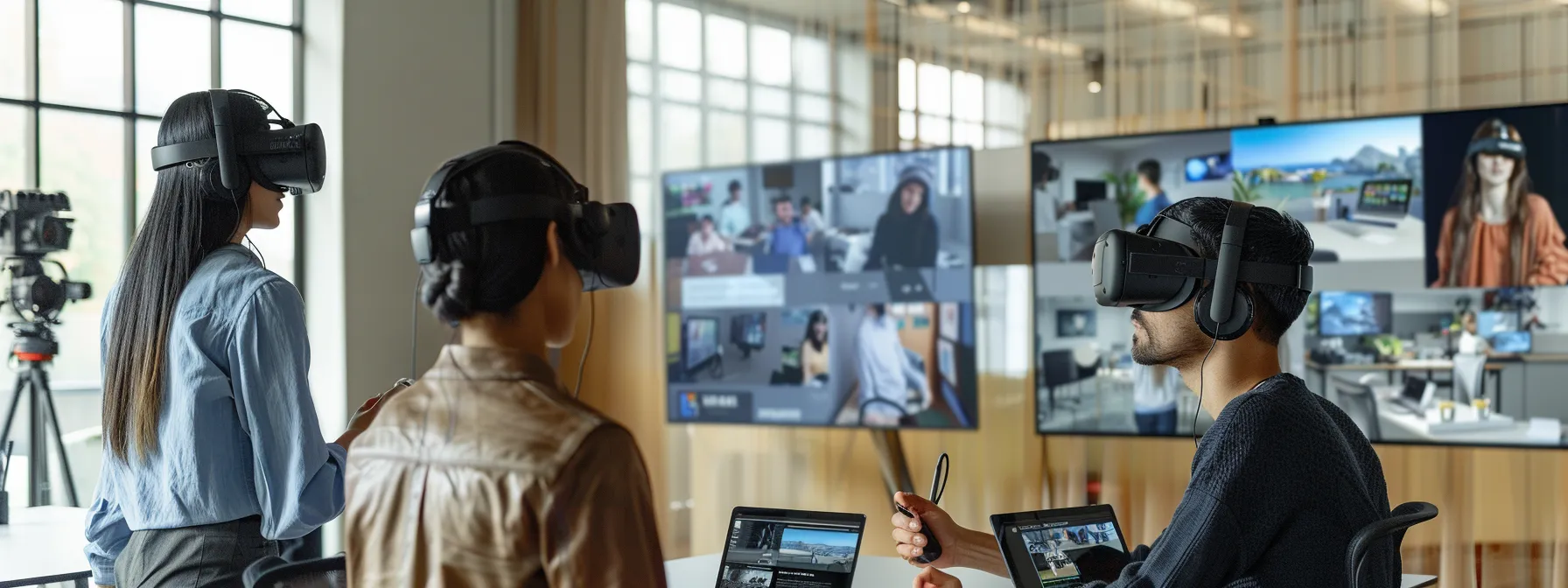 a vibrant team of diverse professionals collaboratively engaged in an immersive virtual reality brainstorming session, set against a modern office backdrop with inspiring artwork and dynamic lighting, evoking an atmosphere of innovation and teamwork.